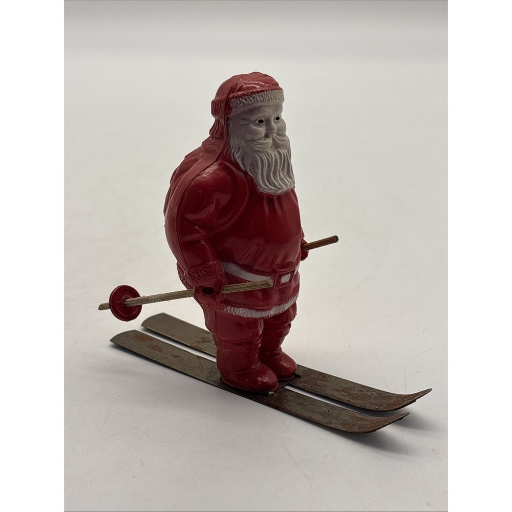 Vtg 1950s Santa Claus Irwin Celluloid Ski W/ Pole Christmas Toy Read